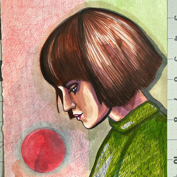 red sun figurative art original watercolor and ink art sale home decor - Picture 4 of 10